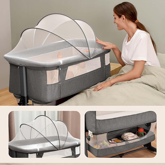 Baby Crib,3 in 1 Baby Bassinet Bedside Crib Adjustable Portable Bed for Infant,Baby Newborn Must Have Bed,Grey