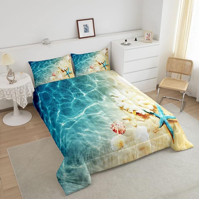 Ocean Comforter Set Full Beach Bedding Set Coastal Nature Theme Pattern Teal Duvet Set Boys Girls Hawaiian Quilt Sets Sea Wave Animals Starfish Reversible Comforter Set 2 Pillowcases, Blue Room Decor