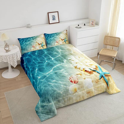 Ocean Comforter Set Queen Beach Bedding Coastal Nature Theme Pattern Teal Duvet Set Boys Girls Hawaiian Quilt Sets Sea Wave Animals Starfish Reversible Comforter Set 2 Pillowcases, Blue Room Decor