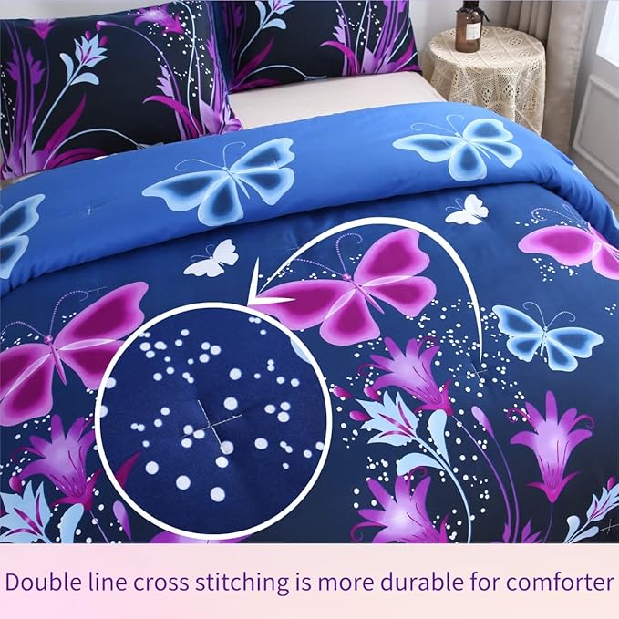 WINLIFE Butterfly Comforter Set Queen Size, 3Pcs Pink Purple Blue Black Animals Butterflies Floral Bedding Set for Girls Women, Soft Bed Set All Season Lightweight Down Alternative