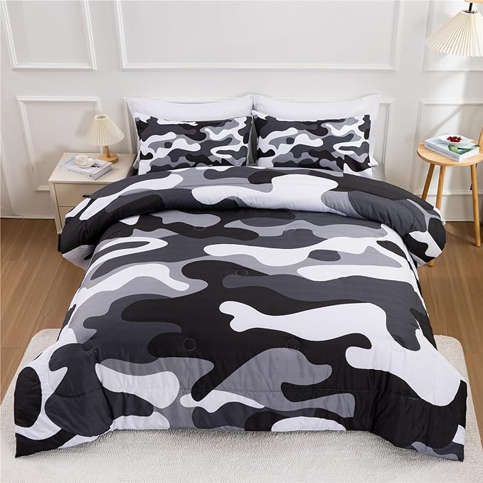Meeting Story Camouflage Bedding Set, Colorful Pattern Style Comforter Set, 3 PCS One Comforter Two Pillowcases in One Bag, All Season Bedspread for Teens Adults (Grey,Twin