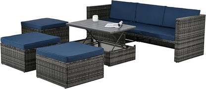 Modular Rattan Outdoor Sectional Furniture, Wicker Conversation Patio Sets with Plywood Coffee Table and Lounger Sofa for Backyard, Db-Navy Blue