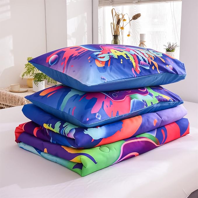 Aimuan Gaming Comforter Sets for Boys Kids Bedding Sets Video Games Console Action Buttons Novelty Colorful Game Gamepad Controller Modern Gamer Room Decor Home Quilt Set (Full, Purple)