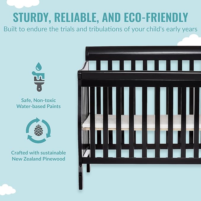 Aden 4-in-1 Convertible Mini Crib In Black, Greenguard Gold Certified, Non-Toxic Finish, New Zealand Pinewood, With 3 Mattress Height Settings