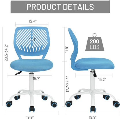 FurnitureR Desk Chair Small Study Chairs Armless for Child Kids Teens, Swivel Rolling Lightweight Task Chair with Wheels and Mesh Padded Cushion, Blue