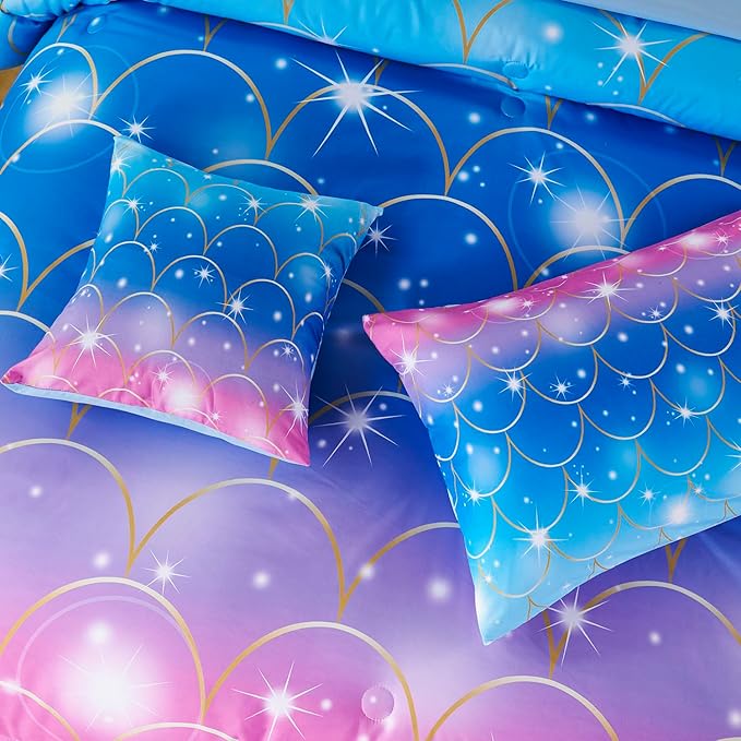 URBONUR 6Pcs Mermaid Comforter Set for Girls Full Size Bed in a Bag Pink Purple Blue Sparkle Glitter Bedding Set Soft All Season Comforter with Sheet Set