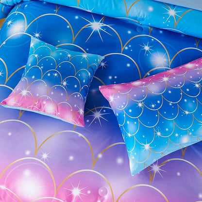 URBONUR 6Pcs Mermaid Comforter Set for Girls Full Size Bed in a Bag Pink Purple Blue Sparkle Glitter Bedding Set Soft All Season Comforter with Sheet Set