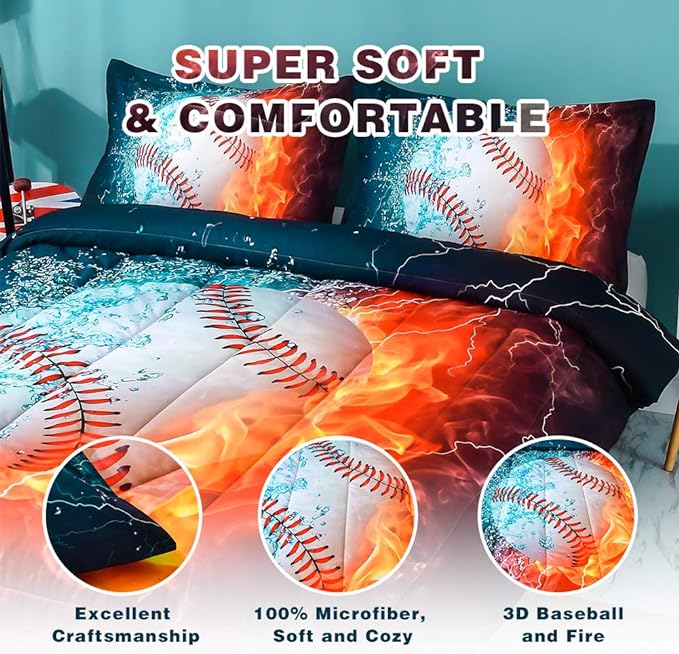 Andency 3D Baseball Comforter Twin(66x90 Inch), 2 Pieces(1 Baseball Comforter, 1 Pillowcase) Sport Microfiber Baseball Comforter Bedding Set for Boy Kids