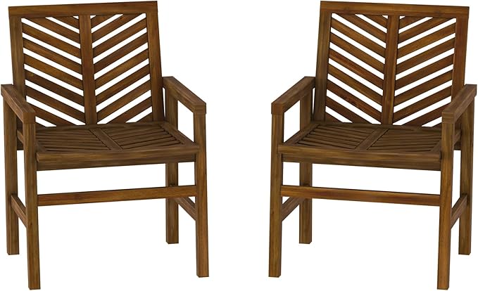 Walker Edison 2 Piece Outdoor Patio Chevron Wood Chair Set All Weather Backyard Conversation Garden Poolside Balcony, Set of 2, Dark Brown