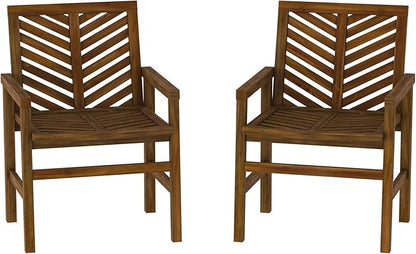 Walker Edison 2 Piece Outdoor Patio Chevron Wood Chair Set All Weather Backyard Conversation Garden Poolside Balcony, Set of 2, Dark Brown