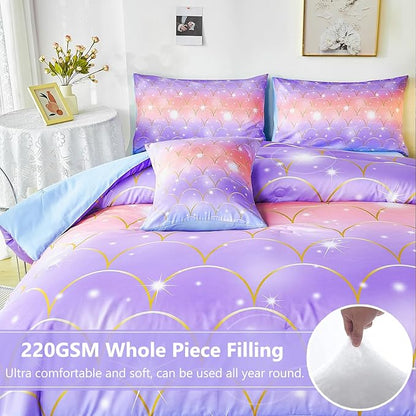 PERFEMET Full Size Mermaid Comforter Sets 6 Pieces Purple Ombre Girls Bedding Sets Tie Dye Rainbow Glitter Bed in A Bag for Kids Teens Girls Women