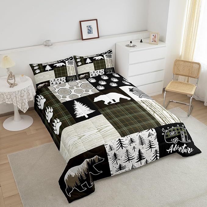 Bear Comforter Set Twin Size,Pine Trees Animals Hunting Bedding Set for Kids Boys Girls Adults Room Decor,Camping Adventure Rustic Farmhouse Down Comforter,Green Plaids Duvet Insert,1 Pillowcase