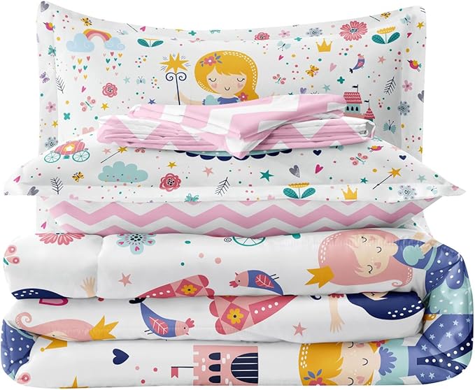 Girls Twin Bedding Sets, Kids Comforter Set for Teens w/Sheets and Pillowcase, Soft Reversible Cartoon Princess Bed in a Bag Sets