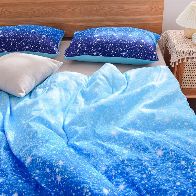 Holawakaka Kids Space Star Galaxy Bedding Comforter Set Twin/Twin XL Size Boys Girls Blue Indigo Ombre Print Gradient Glitter Stars Bed Sets (Blue, Twin)
