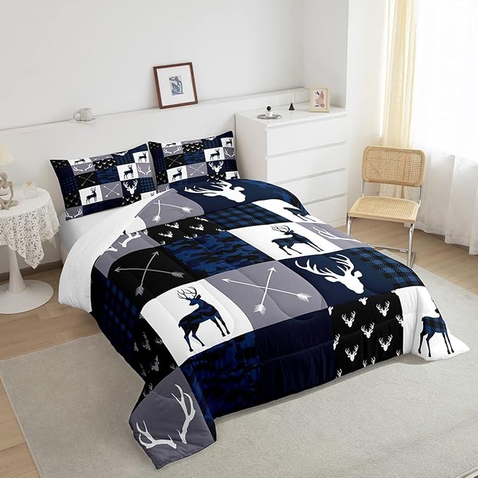 Manfei Camo Deer Antlers Comforter Set Queen, Geometric Plaid Patchwork Bedding 3pcs for Room Decor, Boho Arrow Xmas Quilt Set, Blue Grey Duvet Insert with 2 Pillowcases (WWS10843GYY-BZ_USq)