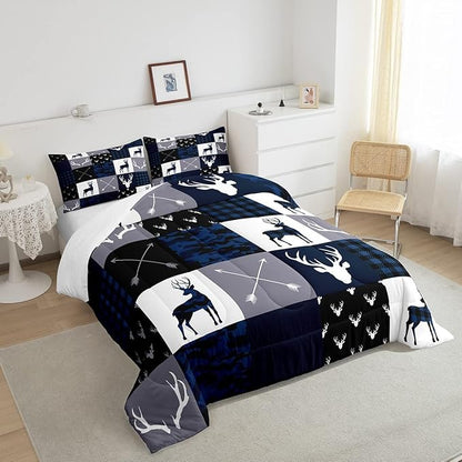 Manfei Camo Deer Antlers Comforter Set Twin,Geometric Plaid Patchwork Bedding Set 2pcs for Kids Teens Girls Boys Room Decor,Boho Arrow Xmas Quilt Set,Blue Grey Duvet Insert with 1 Pillowcase