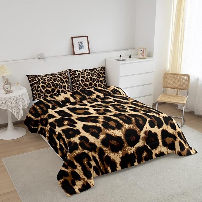 Black Brown Leopard Print Comforter Set Women Cheetah Printed Bedding Set Men Africa Animal Wildlife Duvet Set for Kids Girls Teens Bedroom Decor Luxury Home Hotel Room Soft Comforter Queen Size 3Pcs