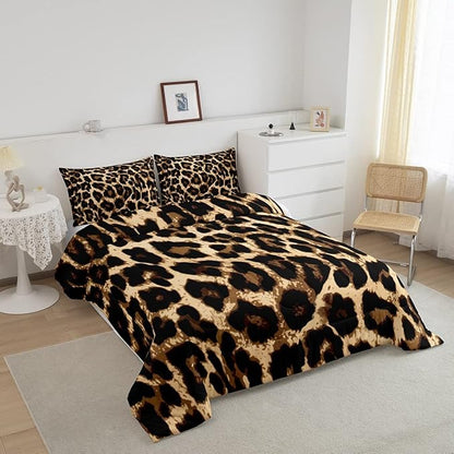 Black Brown Leopard Print Comforter Set Women Cheetah Printed Bedding Set Men Africa Animal Wildlife Duvet Set for Kids Girls Teens Bedroom Decor Luxury Home Hotel Room Soft Comforter Queen Size 3Pcs