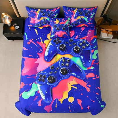 Full Size Gamer Comforter Set for Boys, Game Controller 6 Pcs Bed in a Bag Full Gaming Bediing Set for Boys Kids