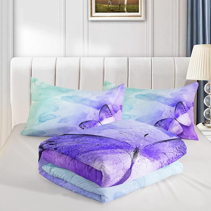 Butterfly Comforter Queen Size,Watercolor Butterfly Kids Comforter Set,3Pcs Bedding Set Printed Comforter with 2 Pillowcases,Down Alternative,Soft and Lightweight,for All Seasons