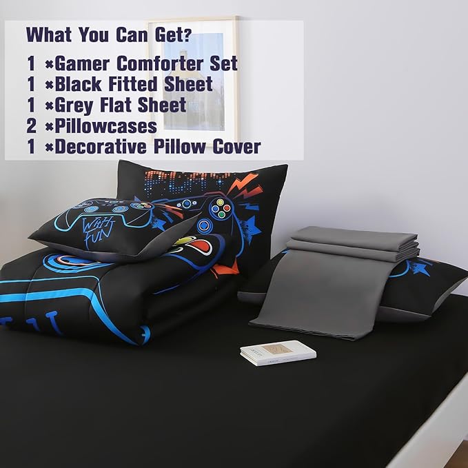 6Pcs Game Console Comforter Set with Sheets for Boys Girls Kids Teens, Geometric Gaming Themed Bed in A Bag Full Size, 3D Video Gamer Controller Bedroom Decor Bedding Set(Blue)
