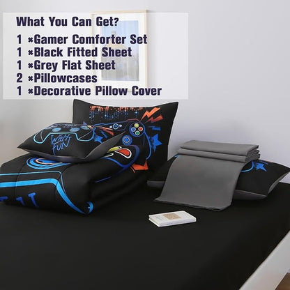 6Pcs Game Console Comforter Set with Sheets for Boys Girls Kids Teens, Geometric Gaming Themed Bed in A Bag Full Size, 3D Video Gamer Controller Bedroom Decor Bedding Set(Blue)