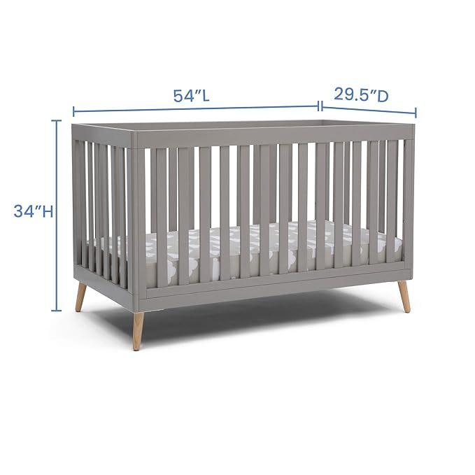 Delta Children Essex 4-in-1 Convertible Baby Crib, Grey with Natural Legs + Delta Children Twinkle Galaxy Dual Sided Recycled Fiber Core Crib and Toddler Mattress (Bundle)