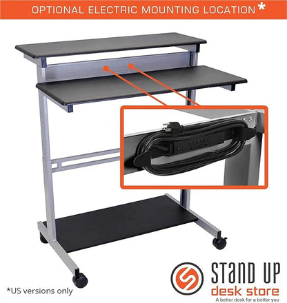 Stand Up Desk Store Rolling Adjustable Height Two Tier Standing Desk Computer Workstation (Silver Frame/Black Top, 40" Wide)