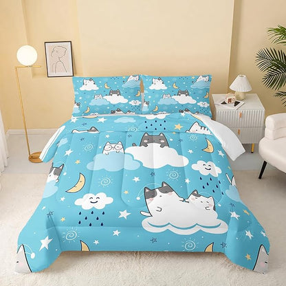 Cat Comforter King Size,Blue Cloud Cats Comforter Set for Kids Teens Girls Boys,3Pcs Bedding Set Printed Comforter with 2 Pillowcases,Down Alternative,Soft and Lightweight，King Size