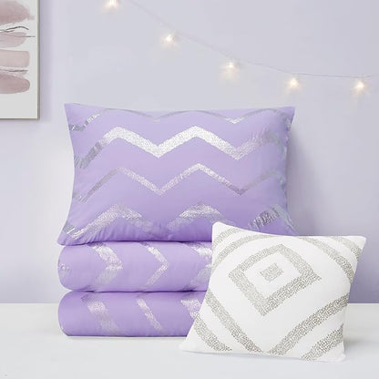 Codi Twin XL Bedding Set - Cute Purple Bed Set, Metallc Print Comforter - 3 Piece Sets for Girls, includes 1 Comforter, 1 Decorative Pillow, and 1 Pillow Case - All Season, Lightweight and Warm