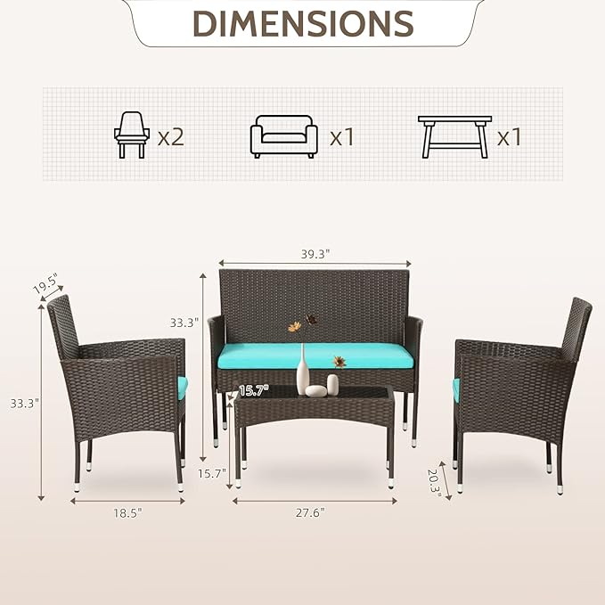 FDW 4 Pieces Patio Furniture Set Wicker Patio Conversation Set with Rattan Chair Loveseats Coffee Table for Outdoor Indoor Garden Backyard Porch Poolside Balcony,Brown Wicker/Blue Cushions