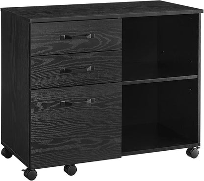 VASAGLE Lateral File Cabinet, Home Office Printer Stand, with 3 Drawers and Open Storage Shelves, for A4, Letter-Size Documents, Black with Wood Grain