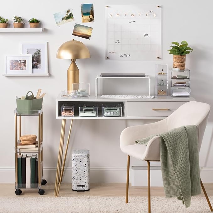 mDesign Metal/Wood Modern Computer Desk - Minimalist Desk and Computer Table with Drawer - Simple Desk with Storage Cubby and Hairpin Legs - Small Work Desk for Home Office, Study - Gray/Soft Brass