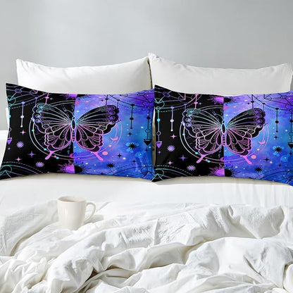 Butterfly Comforter - Butterfly Bed Set - Boho Butterfly Sun and Moon Printed Bedding Sets, Queen Size Comforter Set for Girls, Black Blue Butterfly Comforter Set Queen with 2 Pillowcases