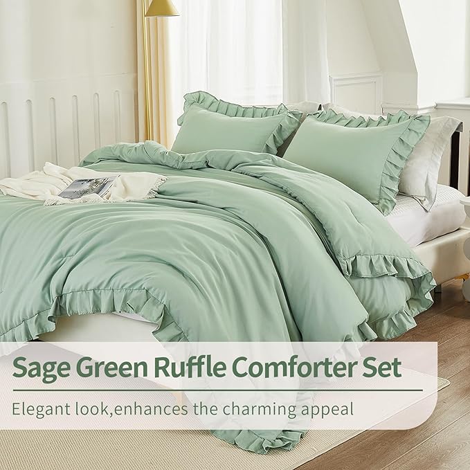 Andency Sage Green Twin Comforter Set, 2 Pieces Kids Ruffle Comforter Set Twin(66x90Inch), Farmhouse Shabby Chic Comforter Set, Soft Microfiber Kids Bedding Set