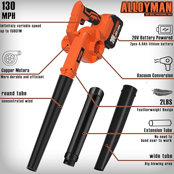 Alloyman Leaf Blower, 20V Cordless Leaf Blower, with 2 X 4.0Ah Battery & Charger, 2-in-1 Electric Leaf Blower & Vacuum for Yard Cleaning/Snow Blowing.(Orange)