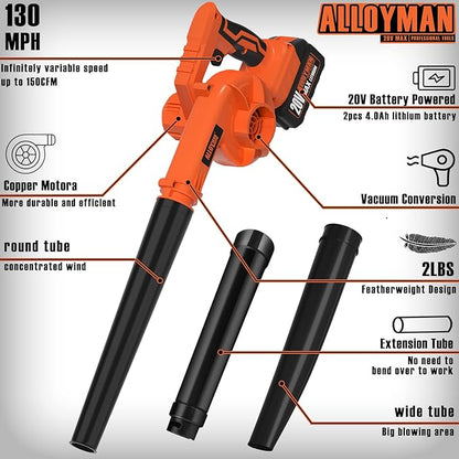 Alloyman Leaf Blower, 20V Cordless Leaf Blower, with 2 X 4.0Ah Battery & Charger, 2-in-1 Electric Leaf Blower & Vacuum for Yard Cleaning/Snow Blowing.(Orange)