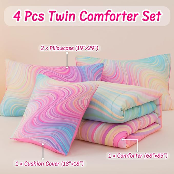 4 Pcs Pink Twin Comforter Set for Girls, Tie Dye Superior Kids Teen Bedding Sets, Blue Pink Rainbow Twin Size Bedding Set for Girls