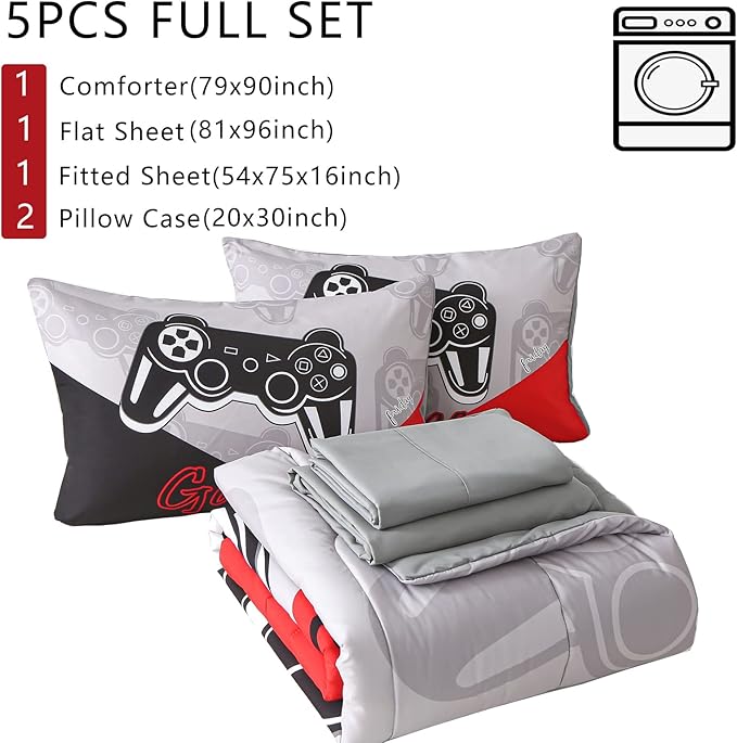 KAKKI 5 Piece Boys Full Gamer Comforter Set with Sheets, 3D Colorful Video Game Controller Comforter for Kids Teen, All Season Soft Microfiber Gaming Bedding Set(Red,Full)