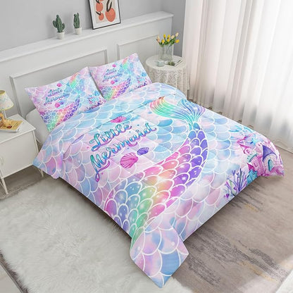 Datura home Bedding Comforter Set Rainbow Purple Mermaid Tail Printed Comforter Set with 1 Comforter and 2 Pillowcases for Girls Bedroom All Season(Rainbow Purple Queen)