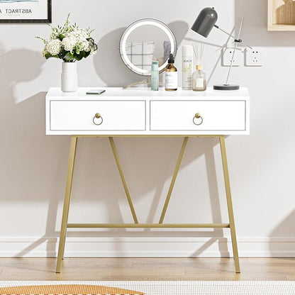 Anmytek Modern Home Office Desk, 35.4 Inch Makeup Vanity Table White Study Desk 2 Drawers Writing Desk Computer Desk with Golden Legs, D0002