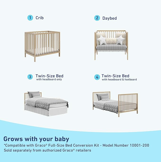 Graco Teddi 4-in-1 Convertible Mini Crib with Bonus Water-Resistant Mattress (Driftwood) – GREENGUARD Gold Certified, 2.75-Inch Mattress Included, Convenient Size, Easy 30-Minute Assembly