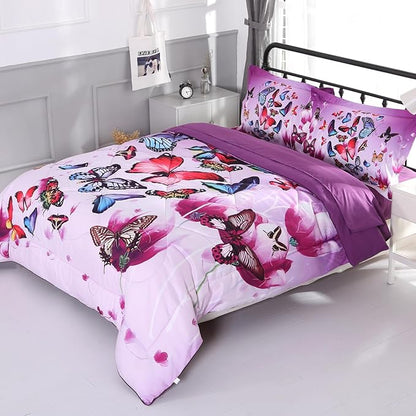 ENCOFT Pink and Purple Butterfly Comforter Set Twin, 3 Pieces Soft Microfiber Lightweight Butterfly Twin Bed Comforter Set, Extra Long Twin XL Comforter for Girls, Teen, 68"x92"