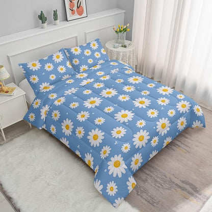 Datura home Flower Comforter Set Blue Daisy Floral Printed Pattern Quilt Bedding with 1 and 2 Pillowcases for Girls Women Bedroom All Season(Blue Queen) Queen 90x90inches