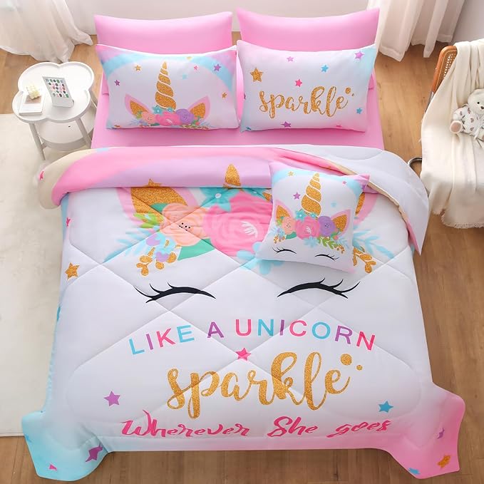 JQinHome Unicorn Full Bedding Sets for Girls Kids,8 Piece Bed in A Bag 3D Colorful Flower Girl Unicorn Comforter Set with Sheet Set(Sparkle)