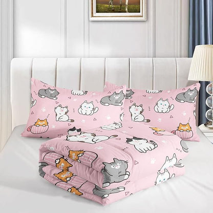 Datura home Pink Kawaii Cat Comforter Bedding Set for Girls Lovely Kitten Print Cute Animal Pattern with 1 and 2 Pillowcases Bedroom All Season(Cat Twin), Twin 68x86inches