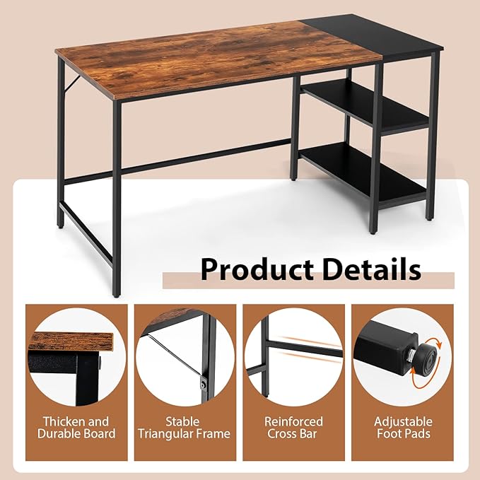 Multifunctional Computer Desk, Industrial Study Writing Desk w/Removable Storage Shelf, Heavy-Duty Metal Frame, 55 Inch Desk for Home Office, Gaming Room, Bedroom (Rustic Brown)