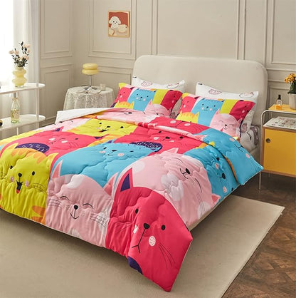 Wajade Kids Cute Cats Comforter Set Bed in A Bag Twin Size 7 Piece Colorful Cartoon Pet Cats Bedding Set for Boys Girls (1 Comforter, 1 Flat Sheet, 1 Fitted Sheet, 2 Pillowcase and 2 Pillow Sham)