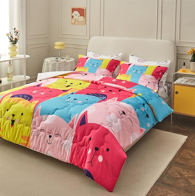 Wajade Kids Cute Cats Comforter Set Bed in A Bag Full Size 7 Piece Colorful Cartoon Pet Cats Bedding Set for Boys Girls (1 Comforter, 1 Flat Sheet, 1 Fitted Sheet, 2 Pillowcase and 2 Pillow Sham)