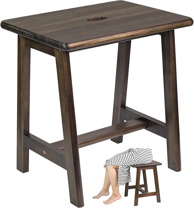 Rectangular Acacia Wood Stool (16.7" D x 13" W x 17.7" H) Small Bench Seat, Small End Table Stool, Bathroom Stool Wood, Plant Stool, Makeup Stool, Perfect Size for Living Room,Bathroom (Walnut Color)